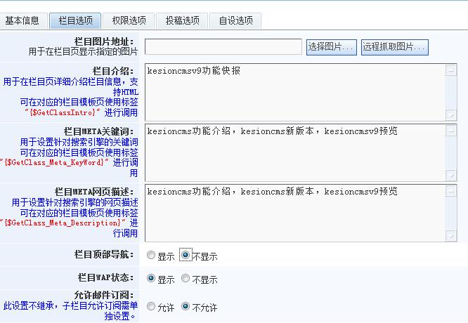 图片栏目选项设置